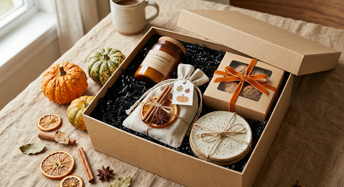 Open rigid kraft gift box holding an amber jar soy candle, linen spice mulling pouch with dried orange and cinnamon, gingersnap cookies, and speckled stoneware coasters.