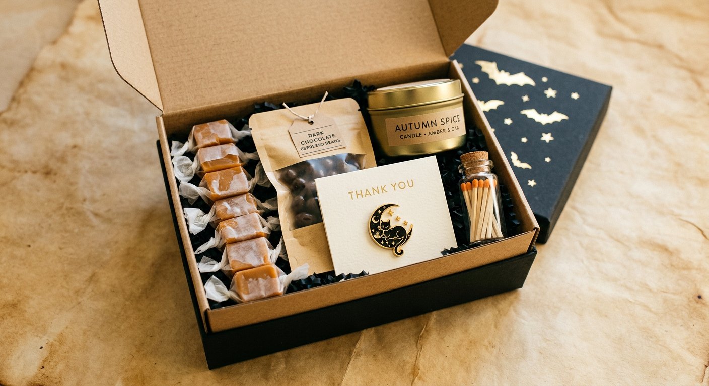Compact Halloween thank-you gift box holding wax-wrapped butterscotch chews, chocolate espresso beans, an arching black cat and crescent enamel pin, a travel candle tin, and orange-tip matches.