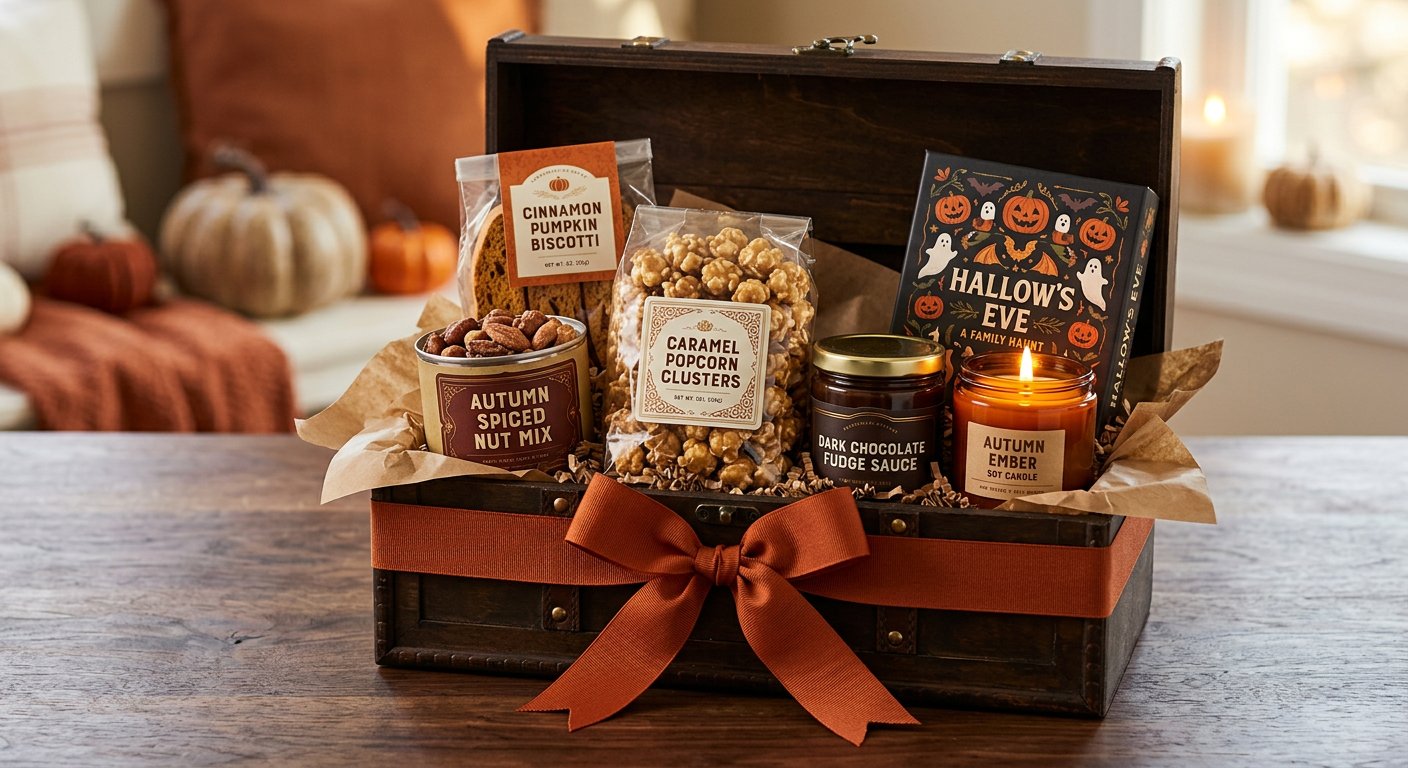 Large keepsake Halloween gift chest packed with caramel-apple popcorn clusters, pumpkin biscotti, spiced tavern nuts, dark chocolate fudge sauce jar, amber soy candle, and flashlight ghost story game.