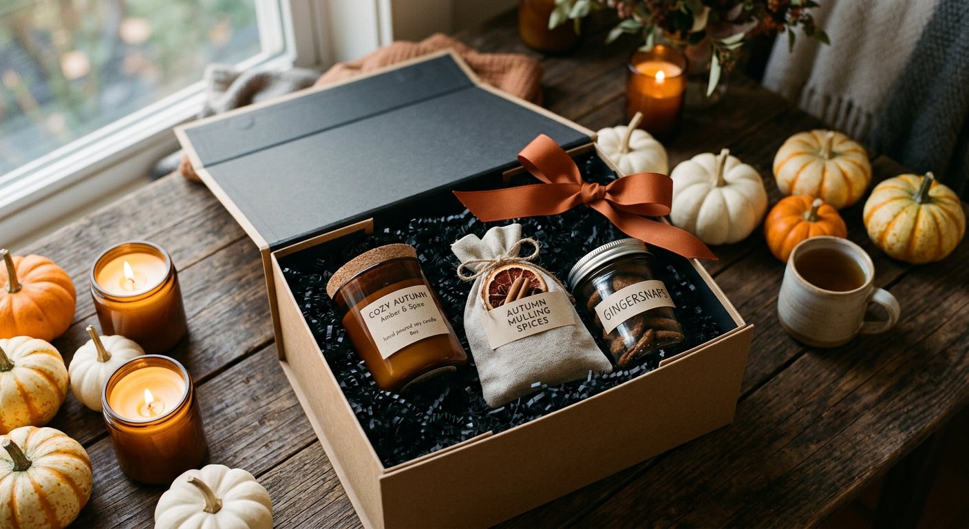Open kraft and matte charcoal Halloween gift box tied with burnt-orange ribbon, holding an amber soy candle, mulling spice sachet, and gingersnaps beside heirloom mini pumpkins.